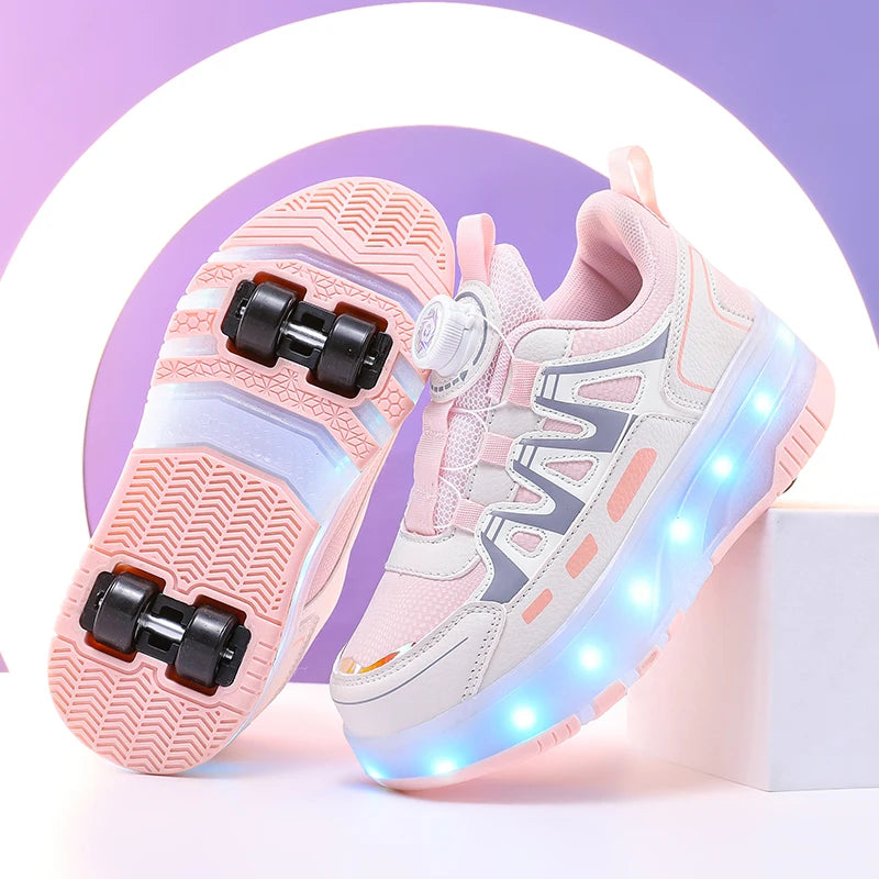 Children Four Wheels Luminous Glowing Sneakers Black Pink Le