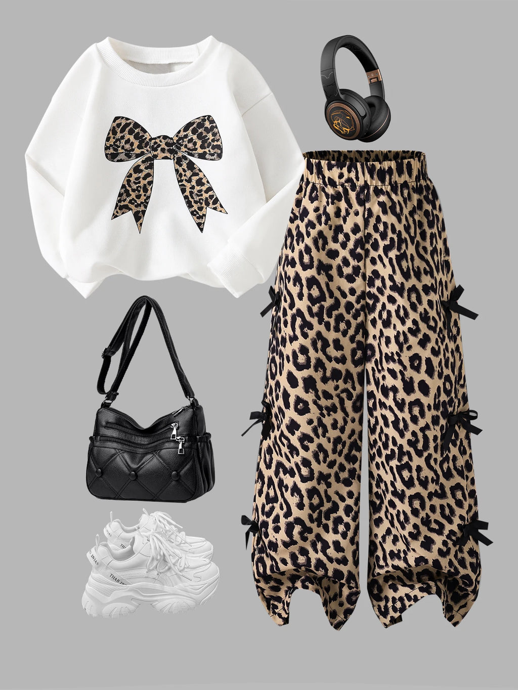 Girls 2PCS Leopard Print Outfit Set for 4-8Y, Long Sleeve Sw