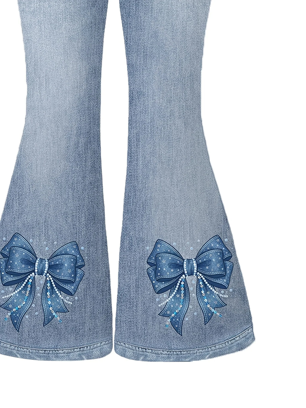 2-Piece Set for Girls: Faux-Denim Print Bow-Accented Short-S