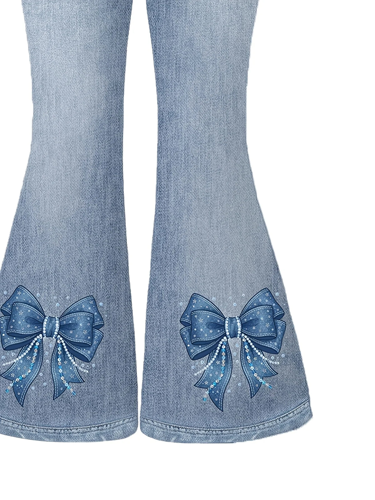 2-Piece Set for Girls: Faux-Denim Print Bow-Accented Short-S
