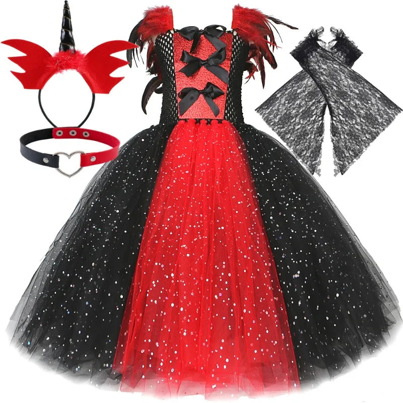 Kids' Long Sequin Tulle Dress Set in Red and Black,Queen Dre