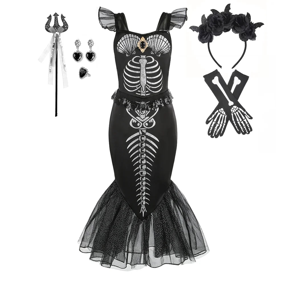 Gothic Mermaid Skeleton Dress – Ages 2–10