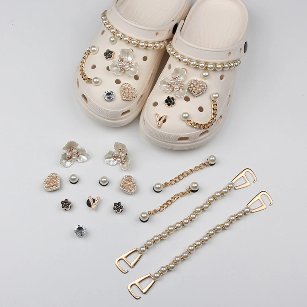 13PCS Summer Shoe Charms DIY Diamond Pearl Chain Gemstone De