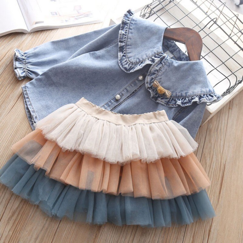 Denim Blouse & Mesh Pleated Skirt Outfit