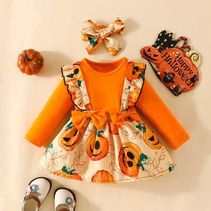 Halloween pumpkin suspender skirt and headband for girls | See:Saw Kids